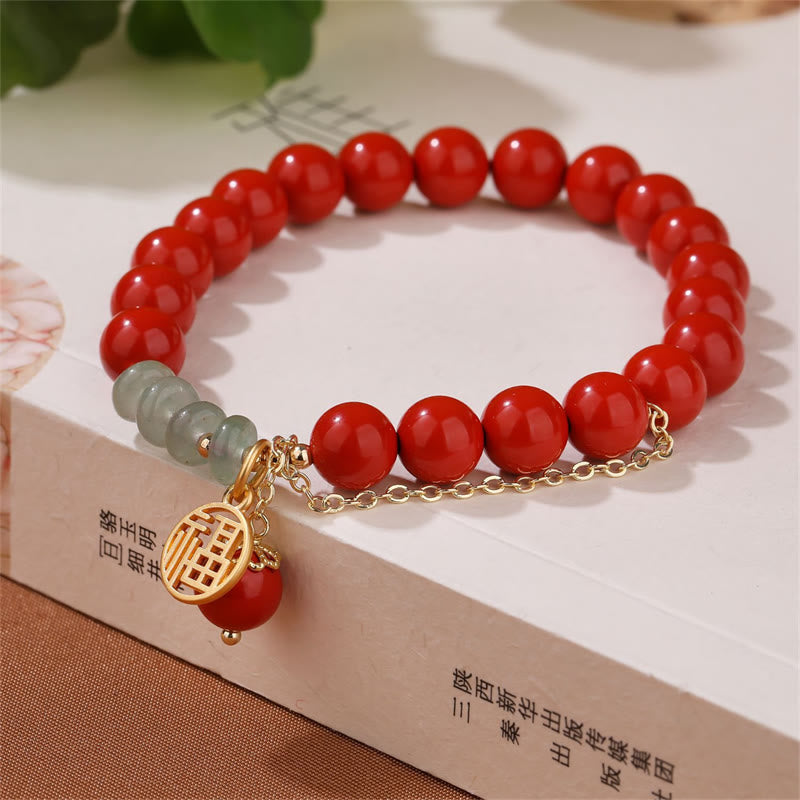 Bracelet de jade apaisant de caractère Fu de bon augure avec Buddha Stones en cinabre
