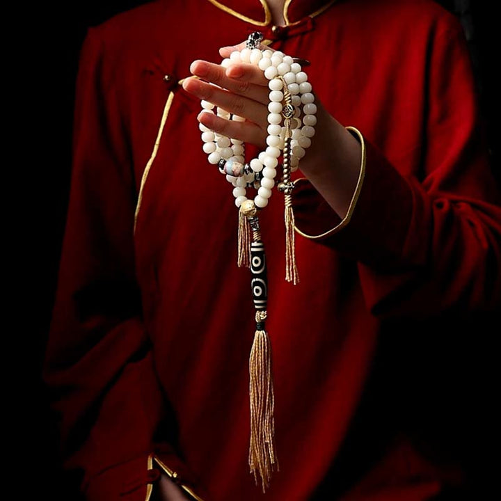 Bracelet de richesse en agate grise avec 108 perles de Mala en Buddha Stones du Tibet, graines de Bodhi, Bagua, Vajra, Dzi