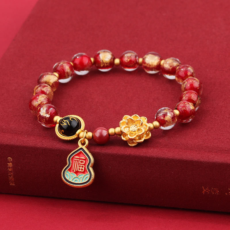 Bracelet porte-bonheur en perles de verre avec breloque en forme de gourde et de lotus Liuli, Buddha Stones tibétaines Om Mani Padme Hum Fu