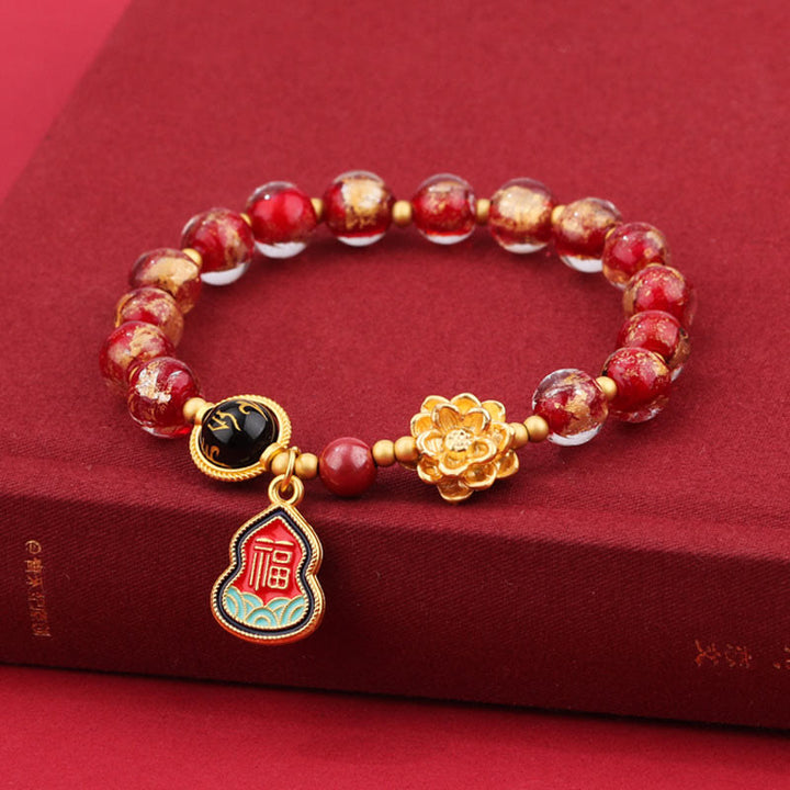 Bracelet porte-bonheur en perles de verre avec breloque en forme de gourde et de lotus Liuli, Buddha Stones tibétaines Om Mani Padme Hum Fu