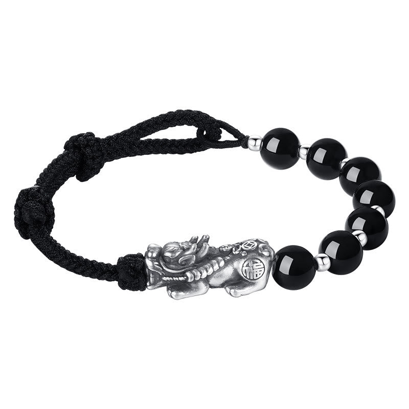 Bracelet de force en argent sterling 925 avec perles d'obsidienne noire naturelle FengShui PiXiu en argent sterling 999 et Buddha Stones