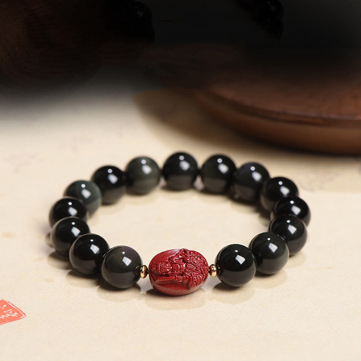 Bracelet de purification en obsidienne noire naturelle et cinabre avec Buddha Stones et zodiaque chinois