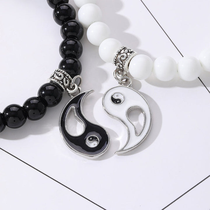 Bracelet de couple Yin Yang en perles de turquoise blanches et onyx noir Buddha Stones 2 pièces