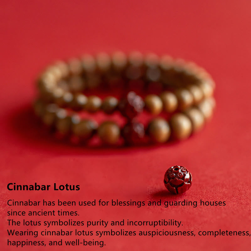 Bracelet Buddha Stones Bois de pêche Lotus Cinabre Chance Richesse