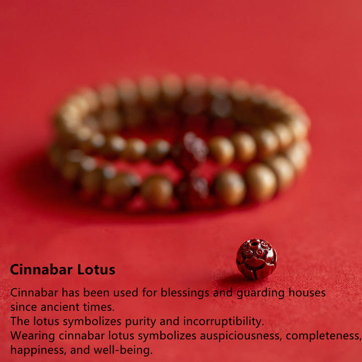 Bracelet Buddha Stones Bois de pêche Lotus Cinabre Chance Richesse
