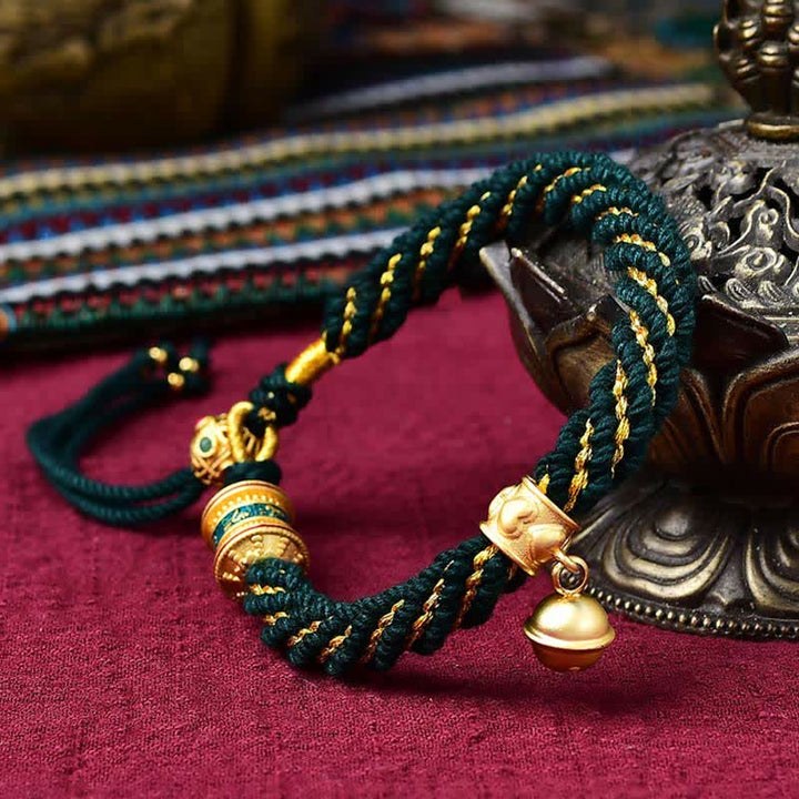 Bracelet tibétain fait main avec breloque en corde tressée et roue de prière Thangka pour protection de la chance