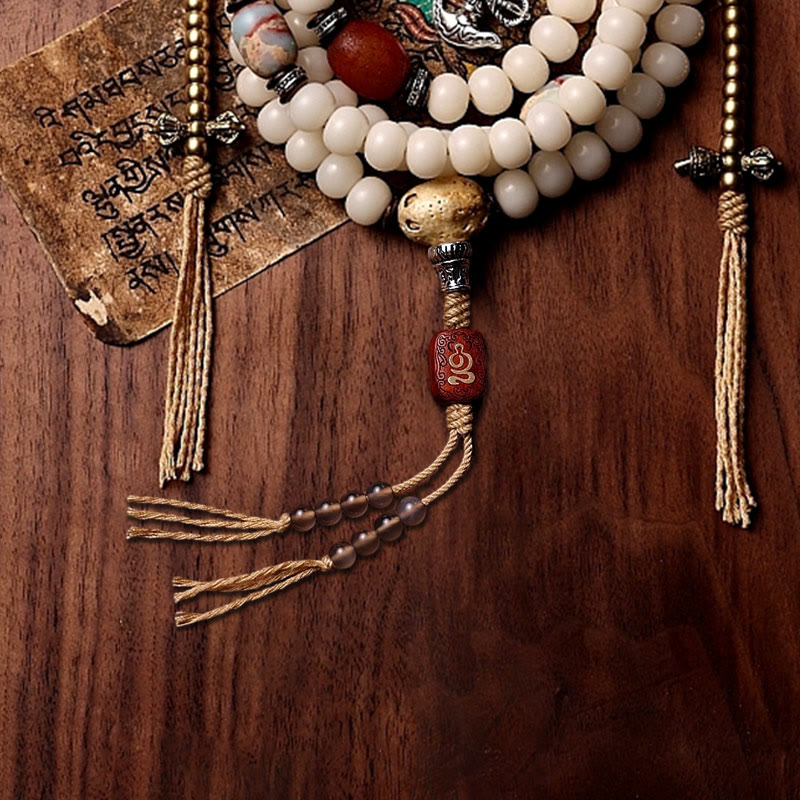 Bracelet de richesse en agate grise avec 108 perles de Mala en Buddha Stones du Tibet, graines de Bodhi, Bagua, Vajra, Dzi