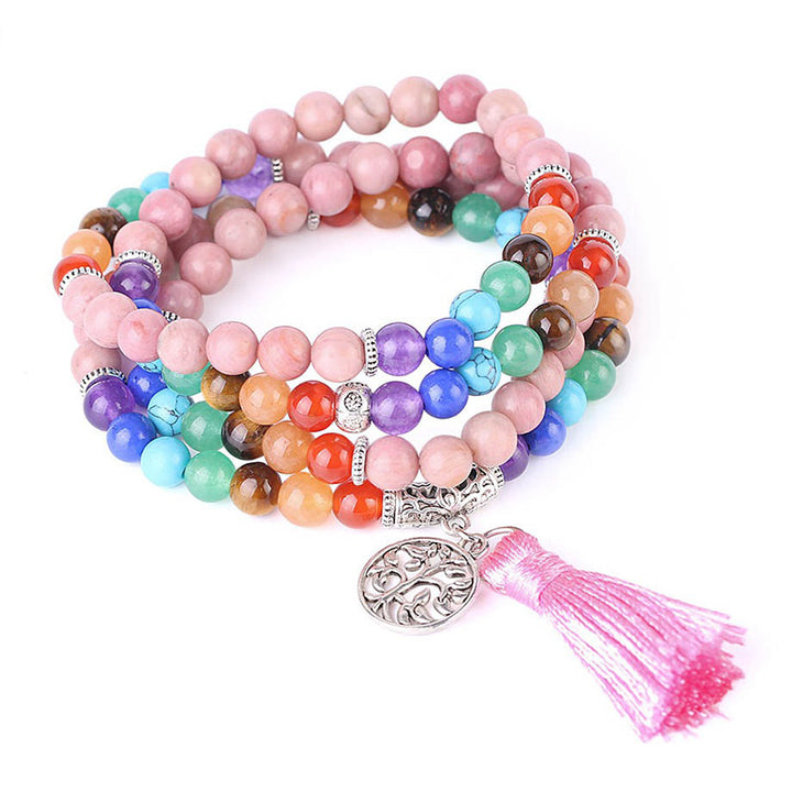 Bracelet de guérison en 108 perles de Mala en rhodonite et cristal bleu lazulite de Buddha Stones