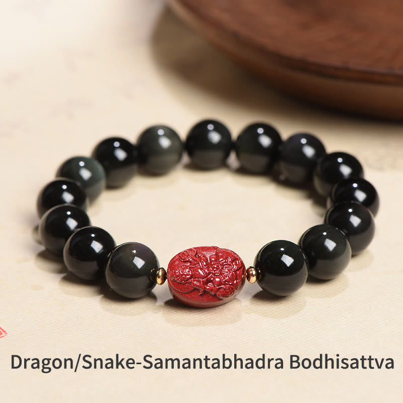 Bracelet de purification en obsidienne noire naturelle et cinabre avec Buddha Stones et zodiaque chinois