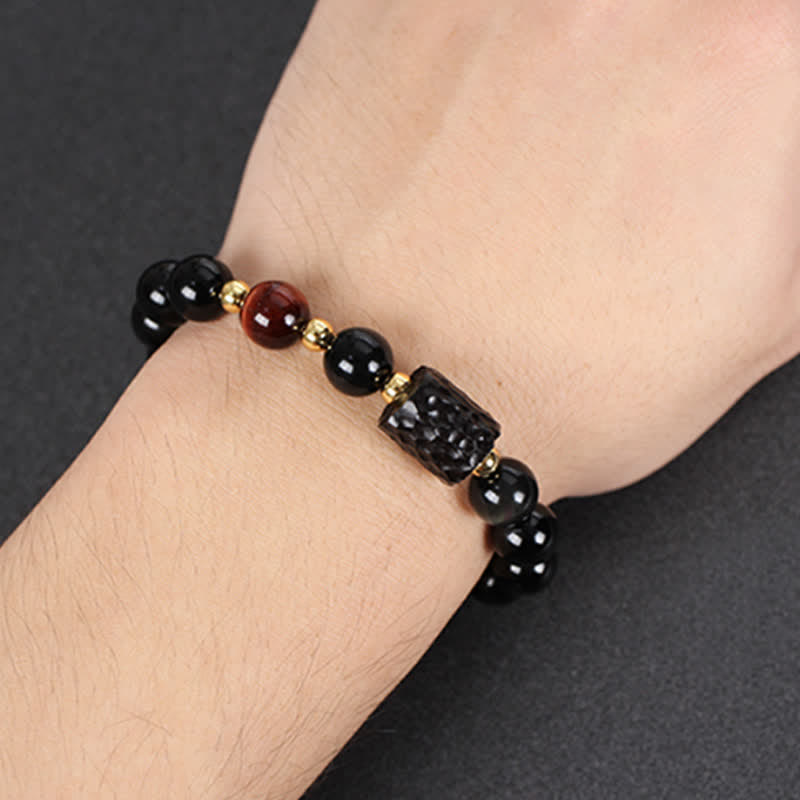 Bracelet de couple en obsidienne noire et bois d'ébène avec œil de tigre rouge