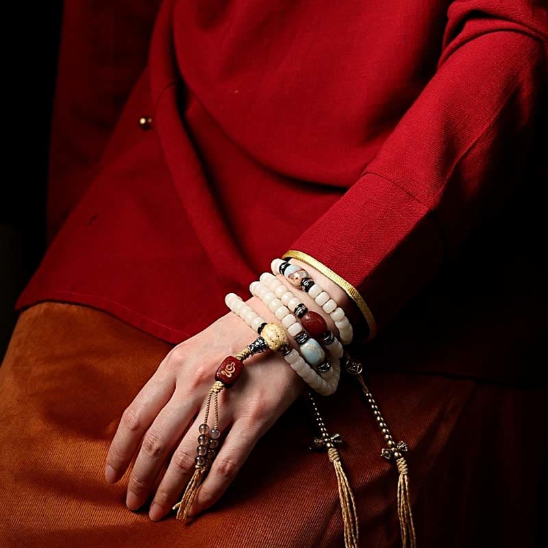 Bracelet de richesse en agate grise avec 108 perles de Mala en Buddha Stones du Tibet, graines de Bodhi, Bagua, Vajra, Dzi