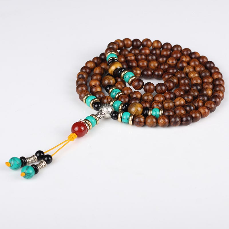 Bracelet de guérison Mala en bois de rose et œil de tigre avec 108 Buddha Stones