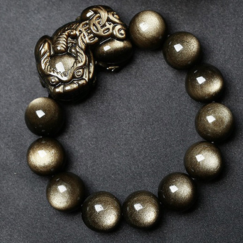 Bracelet de protection FengShui PiXiu en obsidienne dorée