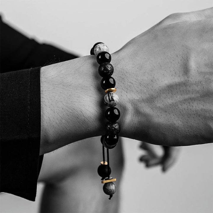 Bracelet de force Yin Yang en pierre de lave en obsidienne noire Buddha Stones