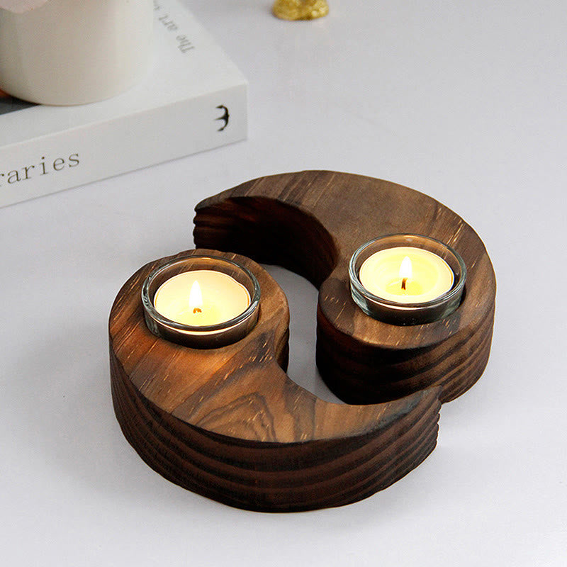 Bougeoir en bois avec Buddha Stones Yin Yang pour rituels de méditation