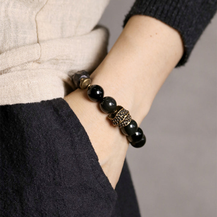 Bracelet couple force cuivre pierres de Buddha Stones obsidienne noire bois d'ébène