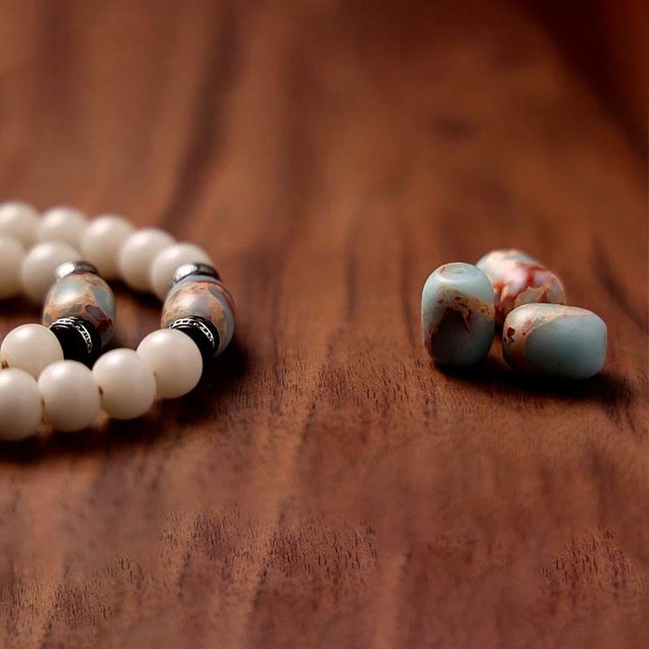 Bracelet de richesse en agate grise avec 108 perles de Mala en Buddha Stones du Tibet, graines de Bodhi, Bagua, Vajra, Dzi