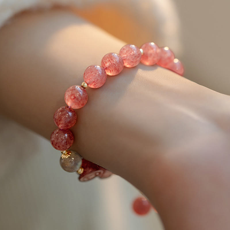 Bracelet de guérison d'amour PiXiu en pierre de lune et quartz fraise naturel Buddha Stones