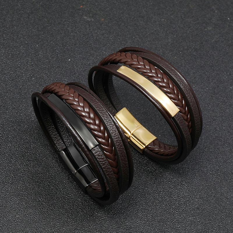 Bracelet porte-bonheur en cuir et acier titane au design simple Buddha Stones