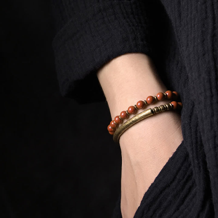 Bracelet couple paix en cuivre et cristal d'obsidienne noire en Buddha Stones Jaspe rouge Agate mousse