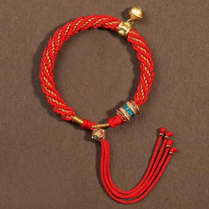 Bracelet tibétain fait main avec breloque en corde tressée et roue de prière Thangka pour protection de la chance