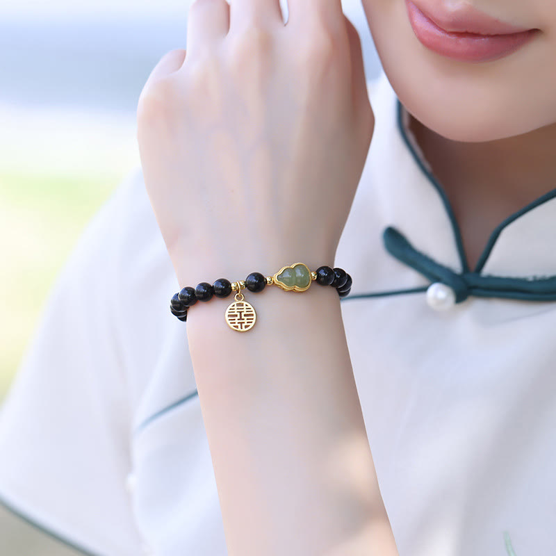 Bracelet de force double bonheur en obsidienne noire naturelle en jade Hetian