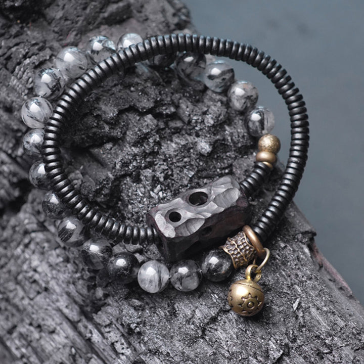 Bracelet couple sagesse en cuivre et bois d'ébène Buddha Stones et quartz rutile noir