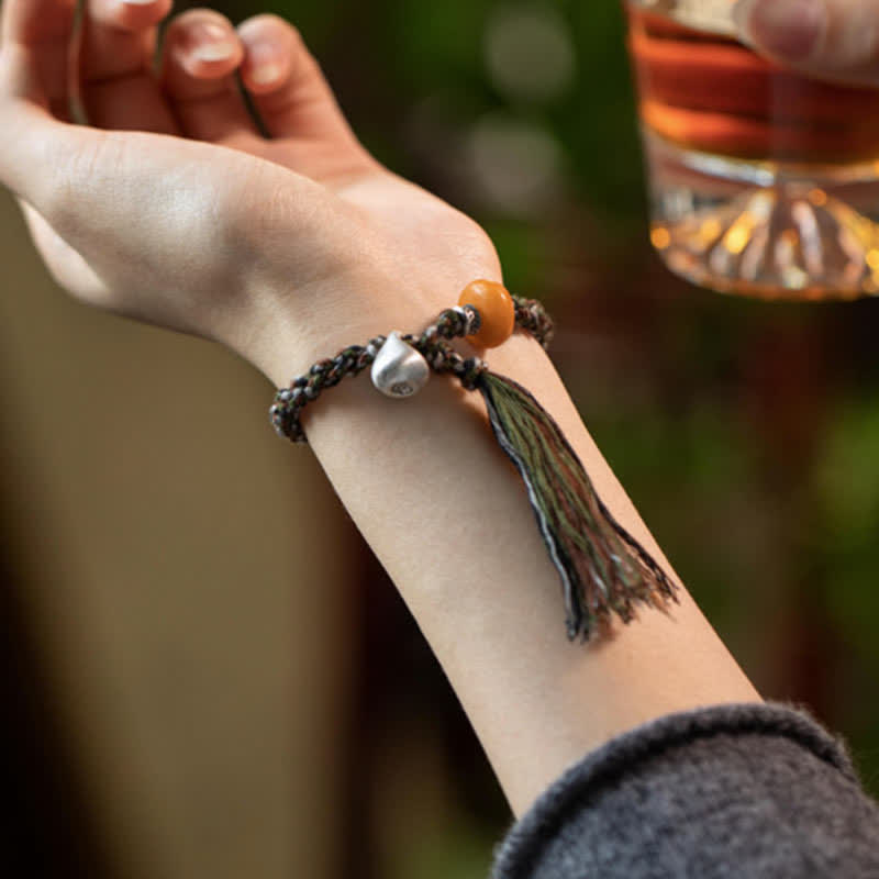 Bracelet de protection des souhaits en argent sterling 990 tibétain fait à la main avec poids en acier et ambre