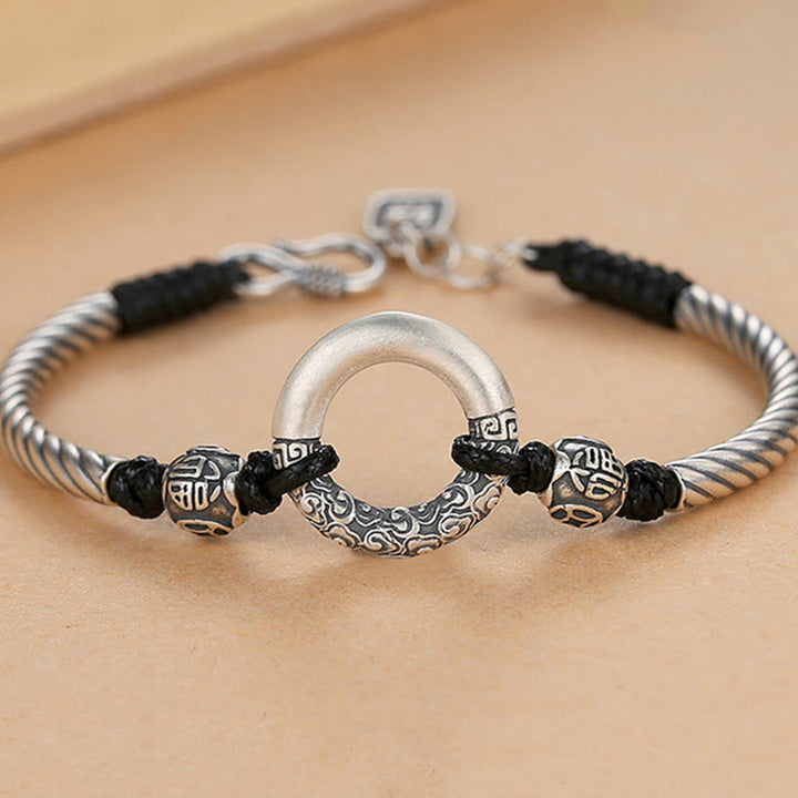 Bracelet de fortune en argent sterling 999 avec boucle de paix et personnage Fu en pièces de cuivre et pierres de Buddha Stones