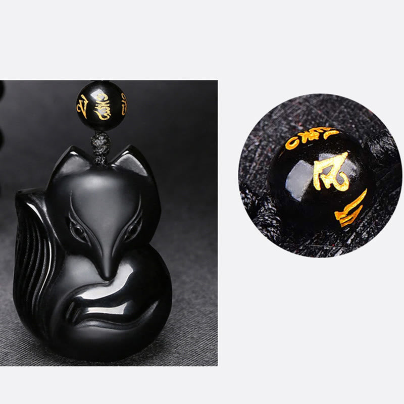 Buddha Stones Collier Amulette pendentif Renard en Obsidienne noire naturelle Oeil de tigre Obsidienne glacée