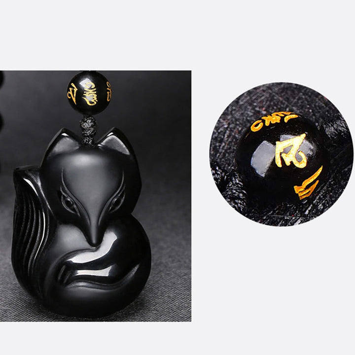 Buddha Stones Collier Amulette pendentif Renard en Obsidienne noire naturelle Oeil de tigre Obsidienne glacée