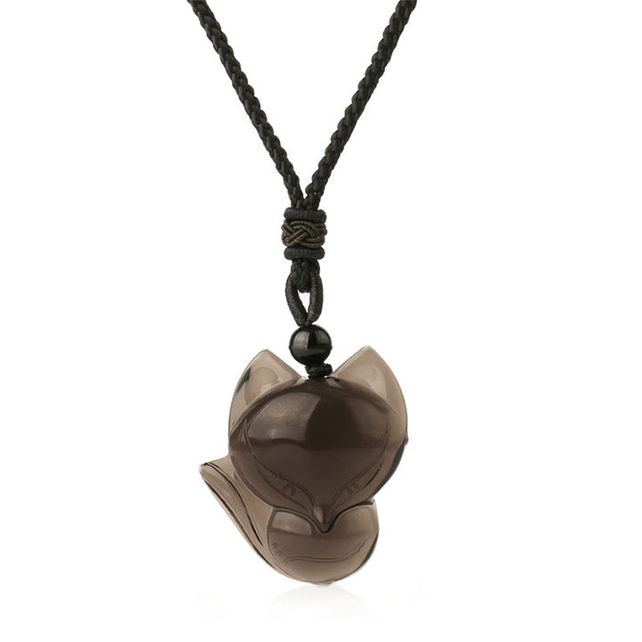 Buddha Stones Collier Amulette pendentif Renard en Obsidienne noire naturelle Oeil de tigre Obsidienne glacée