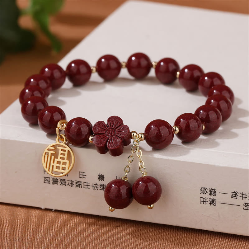 Bracelet de bénédiction en fleurs de cerisier avec personnage Fu et Buddha Stones en cinabre