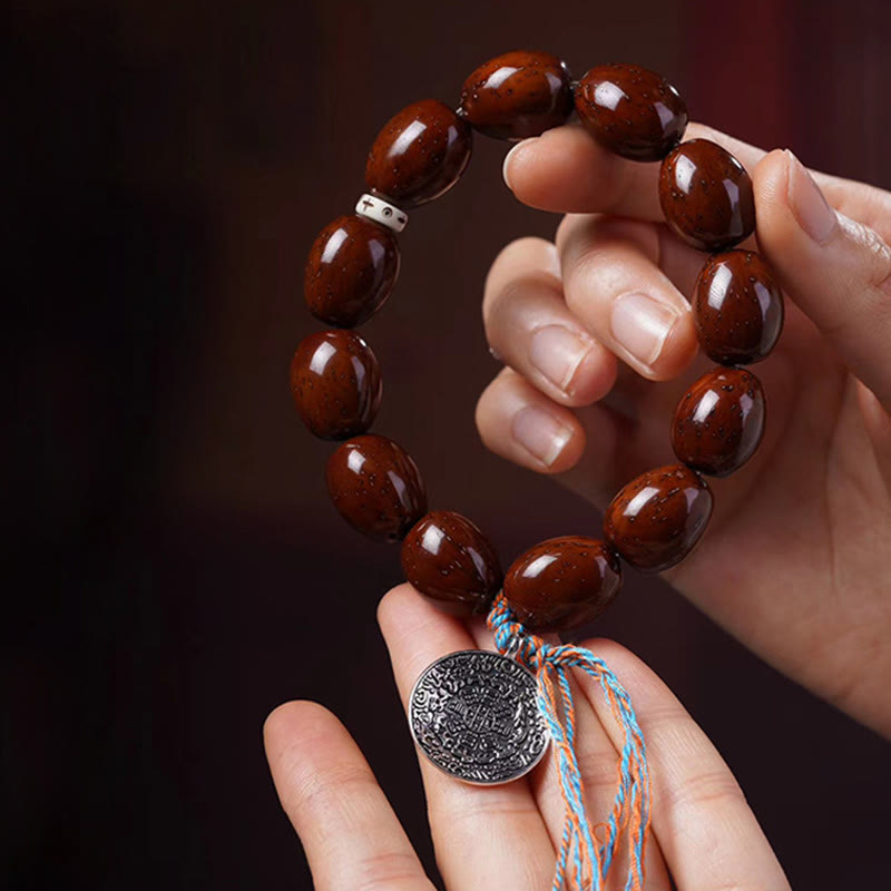 Bracelet de richesse en Buddha Stones tibétaines naturelles violettes et dorées avec rat OM, zodiaque chinois, neuf palais, huit diagrammes