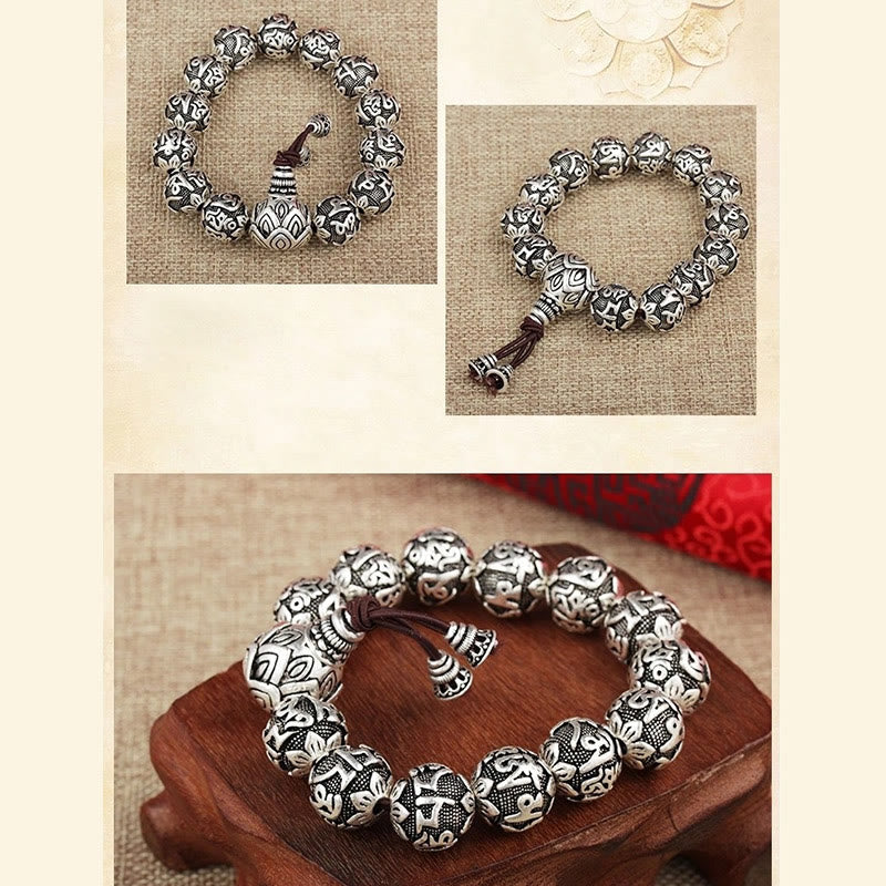 Bracelet amulette en perles en alliage sculptées avec Buddha Stones tibétaines Om Mani Padme Hum