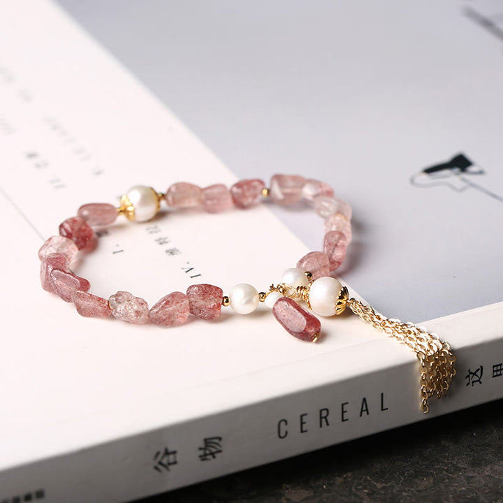 Bracelet de guérison d'amour plaqué or 14 carats avec perles de quartz fraise naturelles