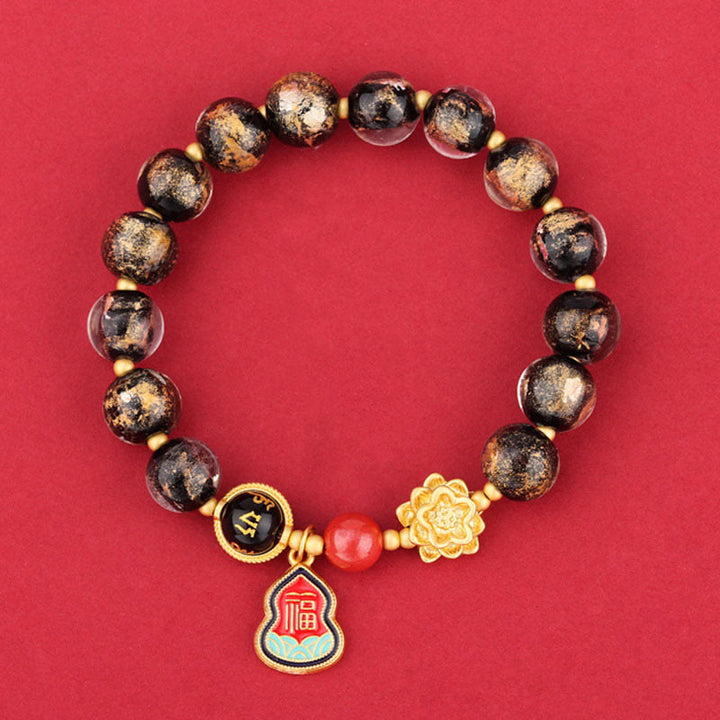 Bracelet porte-bonheur en perles de verre avec breloque en forme de gourde et de lotus Liuli, Buddha Stones tibétaines Om Mani Padme Hum Fu