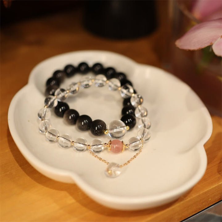 Bracelet de couple en obsidienne argentée naturelle avec cristal rose et cristal blanc, protection couleur Yin Yang