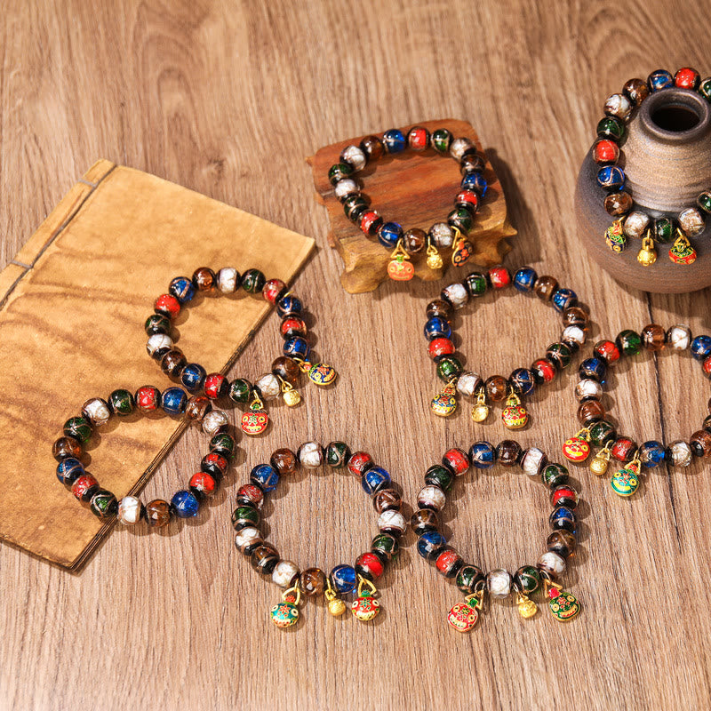 Bracelet porte-bonheur en perles de verre Liuli avec breloque de la famille des bêtes avaleuses en or et Buddha Stones
