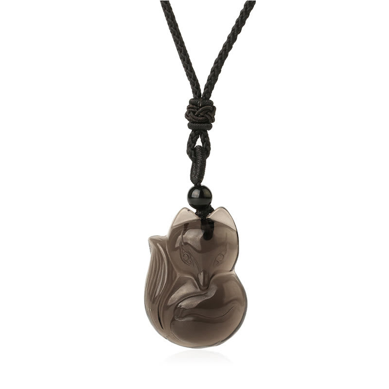 Buddha Stones Collier Amulette pendentif Renard en Obsidienne noire naturelle Oeil de tigre Obsidienne glacée