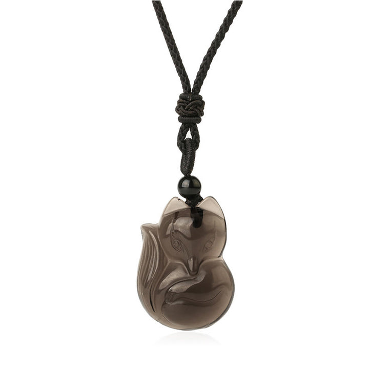 Buddha Stones Collier Amulette pendentif Renard en Obsidienne noire naturelle Oeil de tigre Obsidienne glacée