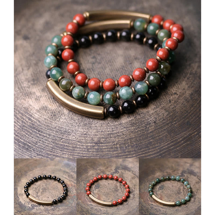 Bracelet couple paix en cuivre et cristal d'obsidienne noire en Buddha Stones Jaspe rouge Agate mousse