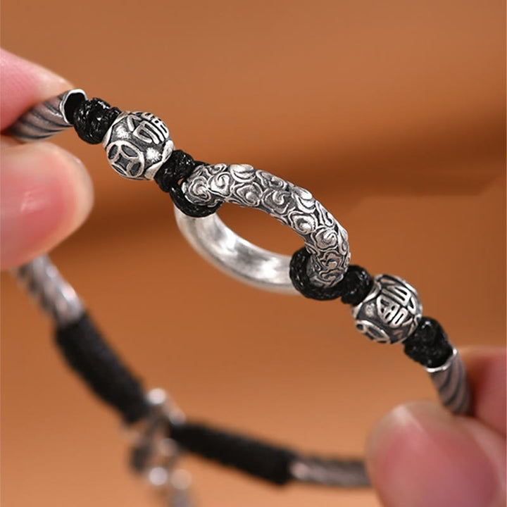 Bracelet de fortune en argent sterling 999 avec boucle de paix et personnage Fu en pièces de cuivre et pierres de Buddha Stones
