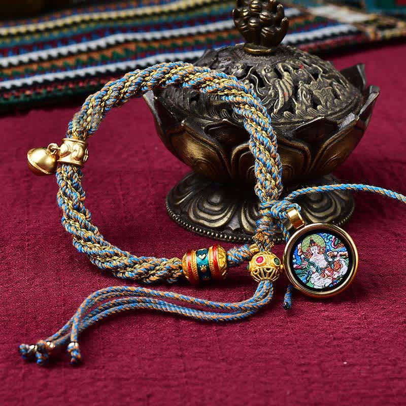Bracelet tibétain fait main avec breloque en corde tressée et roue de prière Thangka pour protection de la chance