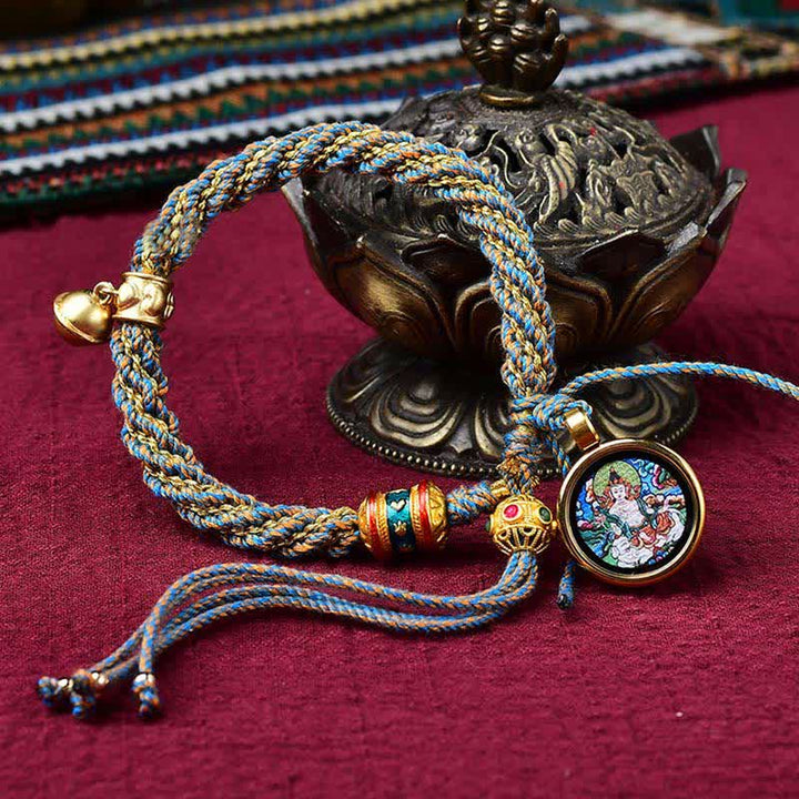 Bracelet tibétain fait main avec breloque en corde tressée et roue de prière Thangka pour protection de la chance