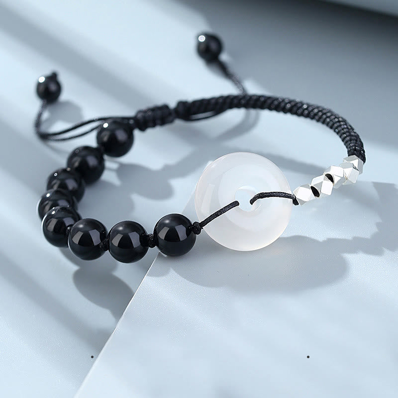Bracelet de force en argent sterling 925 avec boucle de paix et agate obsidienne noire de Buddha Stones
