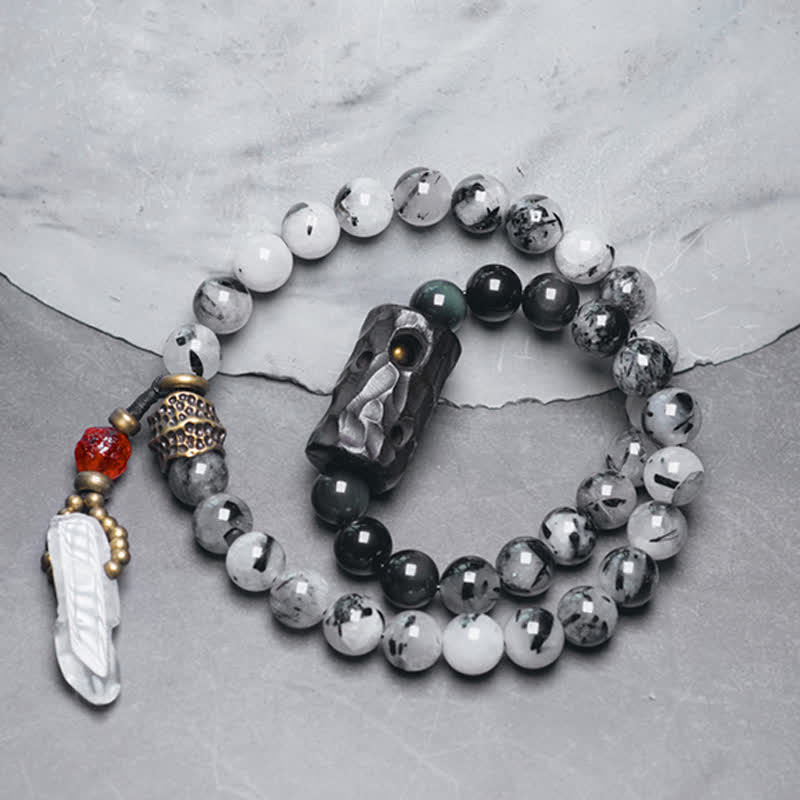 Bracelet Couple Succès en Bois d'Ébène et Quartz Rutile Noir et Cristal Blanc