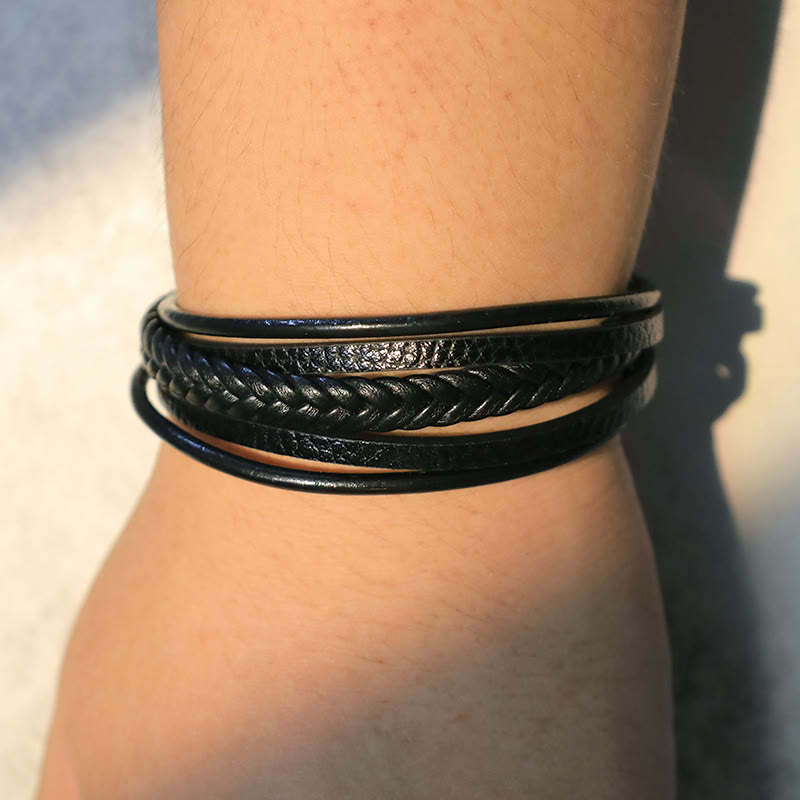 Bracelet en cuir avec perles en pierre de lave naturelle et onyx noir Buddha Stones