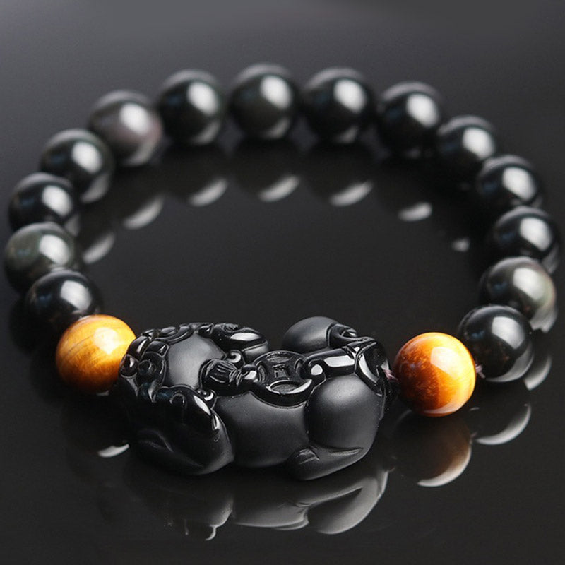 Bracelet de richesse en obsidienne arc-en-ciel œil de tigre FengShui PiXiu Buddha Stones