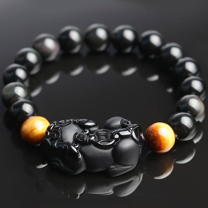 Bracelet de richesse en obsidienne arc-en-ciel œil de tigre FengShui PiXiu Buddha Stones